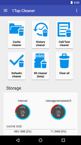 Capturas de tela do programa 1 tap cache cleaner em celular ou tablete Android.
