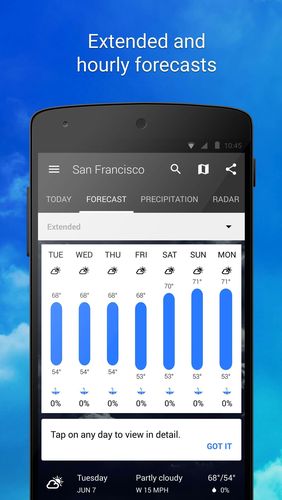 Capturas de pantalla del programa 1Weather para teléfono o tableta Android.