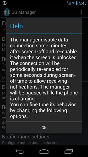 Capturas de pantalla del programa 3G Manager para teléfono o tableta Android.