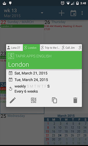 Capturas de tela do programa aCalendar em celular ou tablete Android.