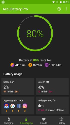 Screenshots of AccuBattery program for Android phone or tablet.