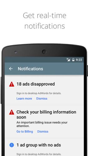 Screenshots des Programms AdWords für Android-Smartphones oder Tablets.