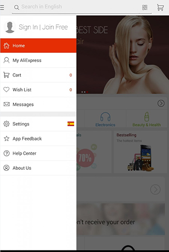 Screenshots des Programms AliExpress für Android-Smartphones oder Tablets.
