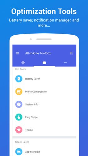 Application All-in-one Toolbox: Cleaner, booster, app manager pour Android, télécharger gratuitement des programmes pour les tablettes et les portables.