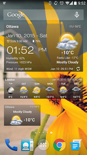 Screenshots of Weather and clock widget program for Android phone or tablet.