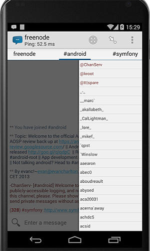 Les captures d'écran du programme AndroIRC pour le portable ou la tablette Android.