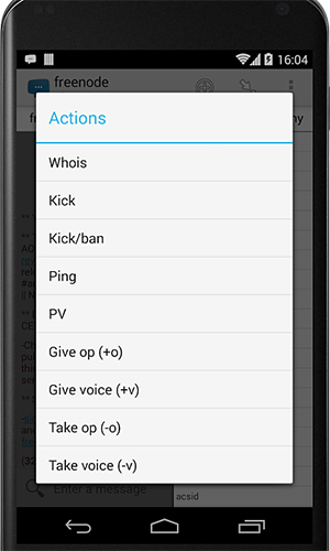 Screenshots of AndroIRC program for Android phone or tablet.