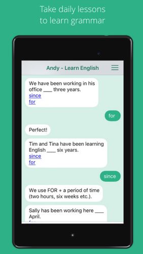 アンドロイドの携帯電話やタブレット用のプログラムAndy - English speaking bot のスクリーンショット。