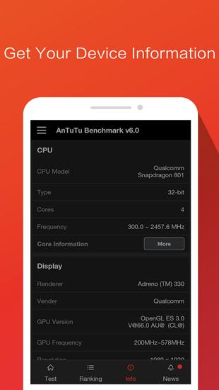 Capturas de pantalla del programa AnTuTu Benchmark para teléfono o tableta Android.