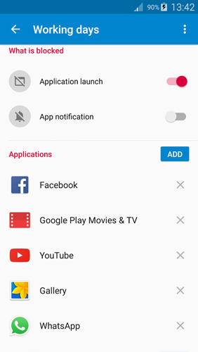 的Android手机或平板电脑AppBlock: Stay Focused程序截图。