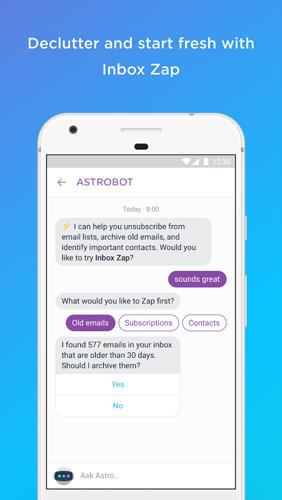 Screenshots of Astro: AI Meets Email program for Android phone or tablet.