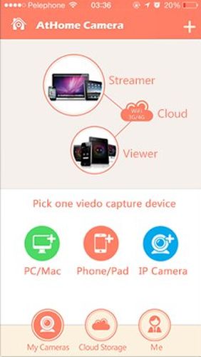 アンドロイドの携帯電話やタブレット用のプログラムAtHome camera: Home security のスクリーンショット。
