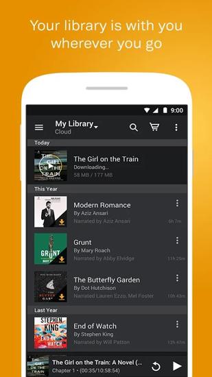 Les captures d'écran du programme Audiobooks from Audible pour le portable ou la tablette Android.