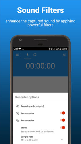 Les captures d'écran du programme AudioRec: Voice Recorder pour le portable ou la tablette Android.