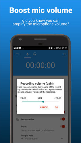 アンドロイドの携帯電話やタブレット用のプログラムAudioRec: Voice Recorder のスクリーンショット。