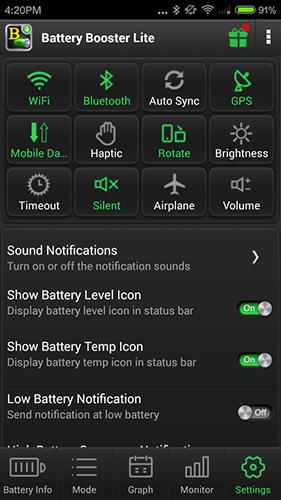 Screenshots of Battery booster program for Android phone or tablet.