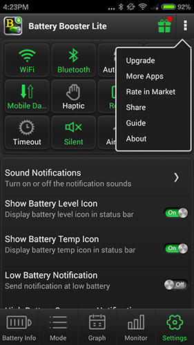 Capturas de tela do programa Battery booster em celular ou tablete Android.