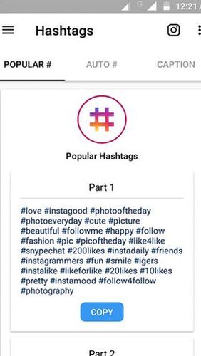 Aplicación Best hashtags captions & photosaver for Instagram para Android, descargar gratis programas para tabletas y teléfonos.