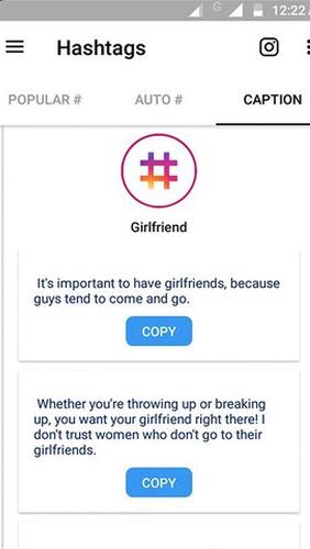 Screenshots of Best hashtags captions & photosaver for Instagram program for Android phone or tablet.