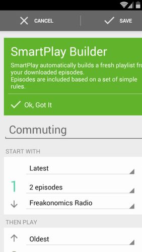 Les captures d'écran du programme BeyondPod podcast manager pour le portable ou la tablette Android.