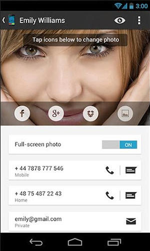 Capturas de pantalla del programa Big caller ID para teléfono o tableta Android.