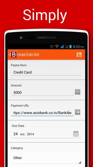 Screenshots of Bills Reminder program for Android phone or tablet.