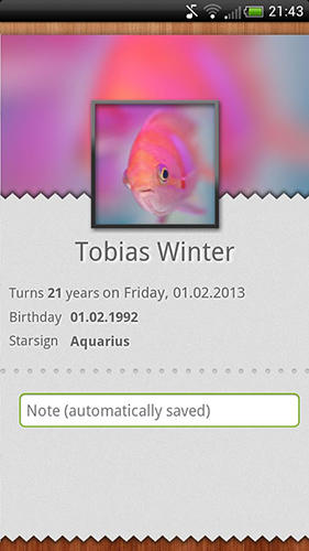 Les captures d'écran du programme Birthdays pour le portable ou la tablette Android.