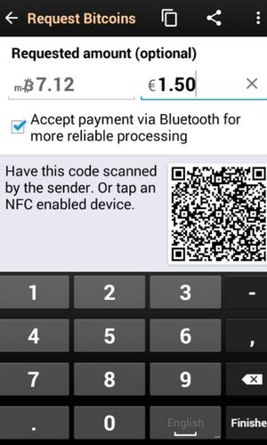 アンドロイドの携帯電話やタブレット用のプログラムBitcoin wallet のスクリーンショット。