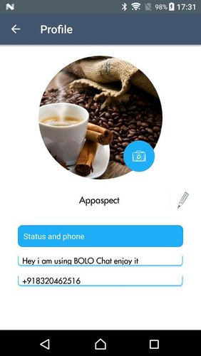 Screenshots of Bolo chat program for Android phone or tablet.