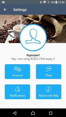 アンドロイドの携帯電話やタブレット用のプログラムBolo chat のスクリーンショット。