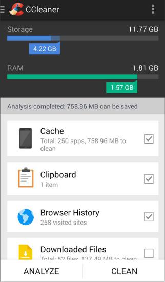 Les captures d'écran du programme CCleaner pour le portable ou la tablette Android.