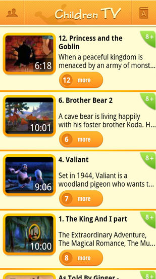 Capturas de tela do programa Children TV em celular ou tablete Android.
