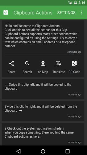 Les captures d'écran du programme Clipboard actions pour le portable ou la tablette Android.
