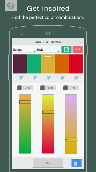 Les captures d'écran du programme Color Grab pour le portable ou la tablette Android.