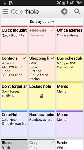 アンドロイドの携帯電話やタブレット用のプログラムColorNote: Notepad & notes のスクリーンショット。