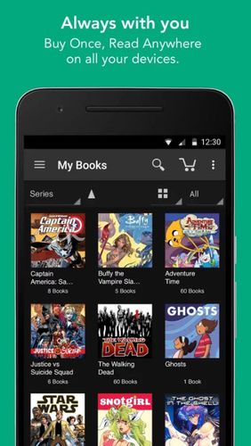 Capturas de pantalla del programa ComiXology para teléfono o tableta Android.