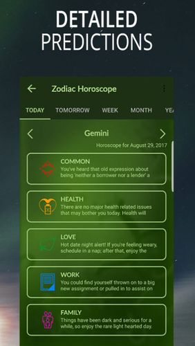Les captures d'écran du programme Daily Horoscope pour le portable ou la tablette Android.