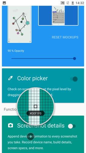 Capturas de pantalla del programa Designer tools para teléfono o tableta Android.