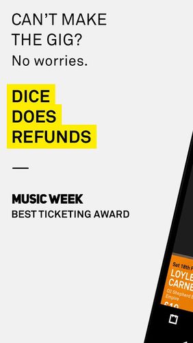 Скріншот додатки DICE: Tickets for gigs, clubs & festivals для Андроїд. Робочий процес.