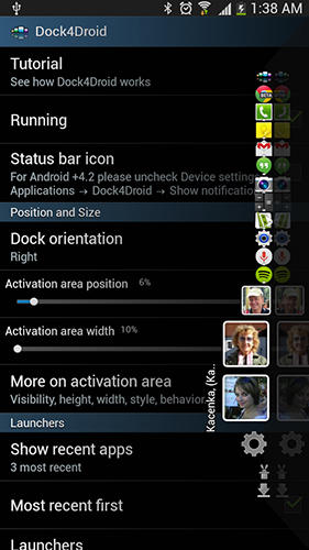 Les captures d'écran du programme Dock 4 droid pour le portable ou la tablette Android.