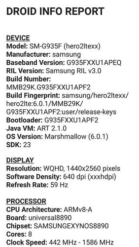 Capturas de pantalla del programa Droid hardware info para teléfono o tableta Android.
