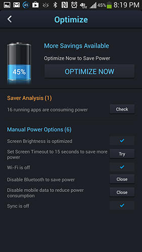 Screenshots of DU battery saver program for Android phone or tablet.