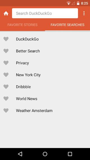 アンドロイドの携帯電話やタブレット用のプログラムDuckDuckGo Search のスクリーンショット。