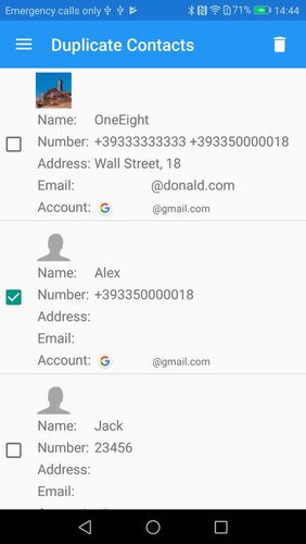 Screenshots of Duplicate contacts program for Android phone or tablet.