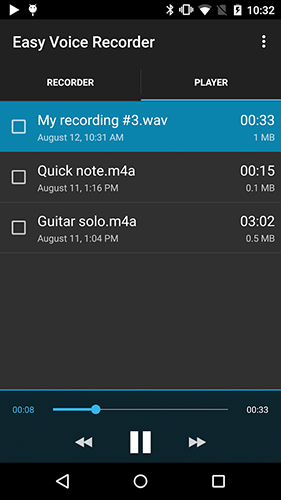 Les captures d'écran du programme Easy voice recorder pro pour le portable ou la tablette Android.