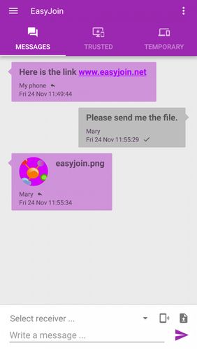Les captures d'écran du programme EasyJoin pour le portable ou la tablette Android.