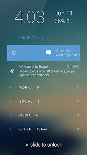 Capturas de pantalla del programa Echo lockscreen para teléfono o tableta Android.