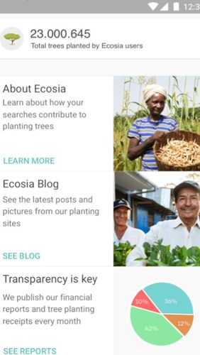 Додаток Ecosia - Trees & privacy для Андроїд, скачати безкоштовно програми для планшетів і телефонів.