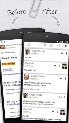 Les captures d'écran du programme Email exchange + by MailWise pour le portable ou la tablette Android.