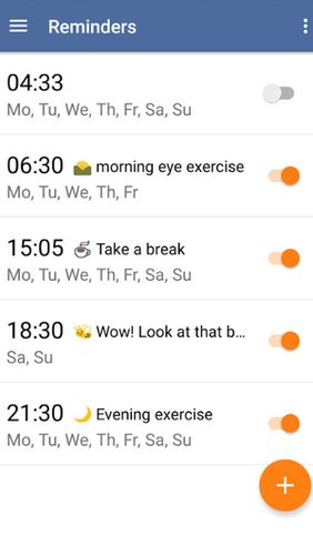 Les captures d'écran du programme Eye exercises pour le portable ou la tablette Android.